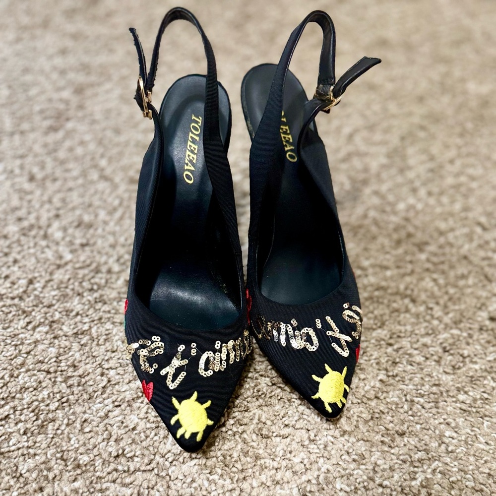 Black Embroidered Women's Heels